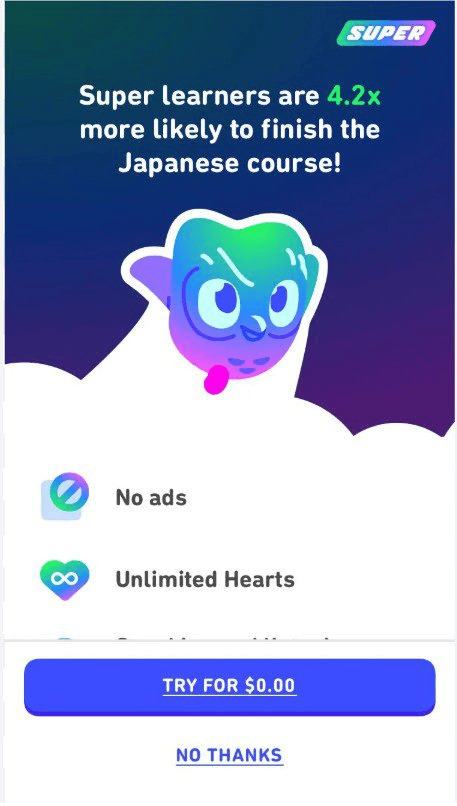 The upgrade prompt has a clear “No thanks” button to help users interact more seamlessly.