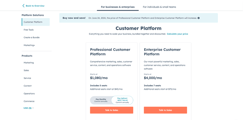 HubSpot's pricing page for businesses and enterprises