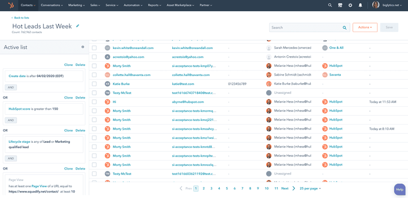 Hubspot's CRM contact list view