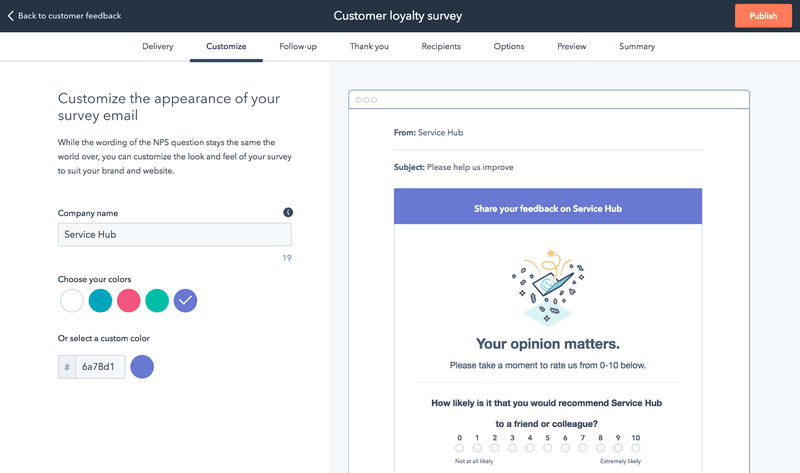 Customizing a survey in HubSpot.