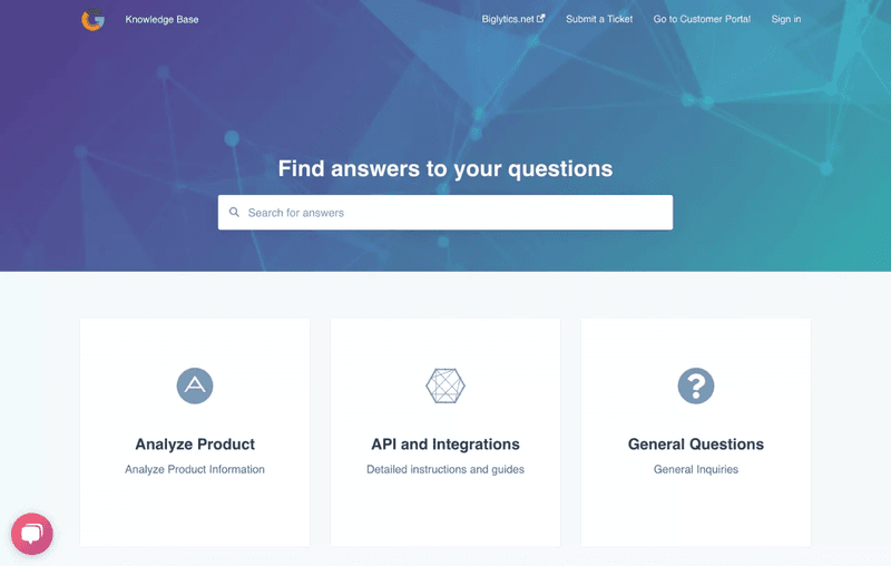 Knowledge base with a link to the customer portal and a button for users to submit support tickets (top right).