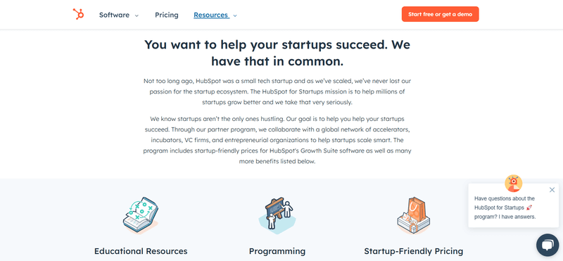 The landing page of the Hubspot for startups partner program
