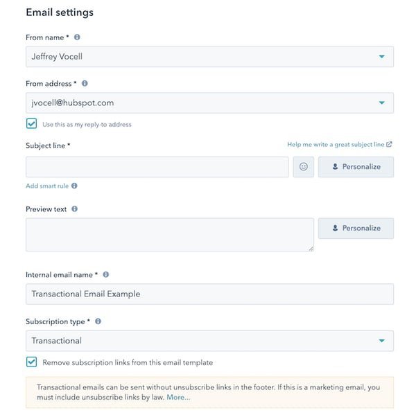 HubSpot transactional email example