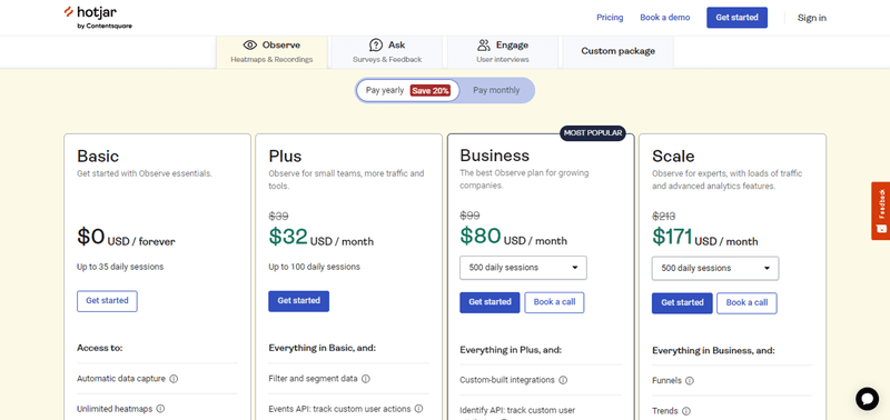 Hotjar's pricing page