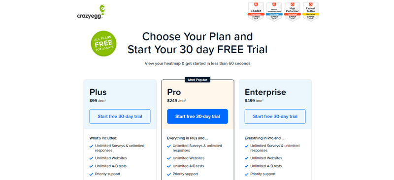 Crazy Egg's pricing page.