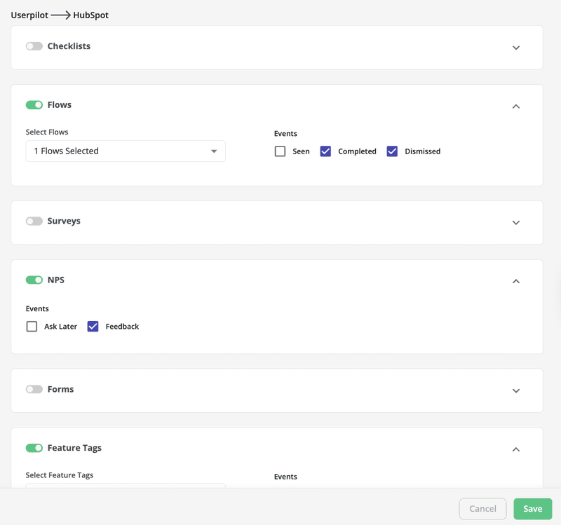 Userpilot-HubSpot integration settings.