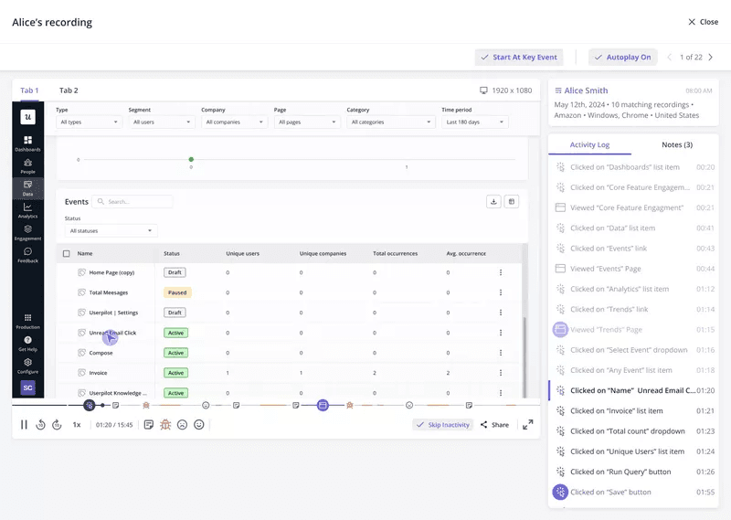 Jump directly to key user events and data with Userpilot's skip inactivity feature