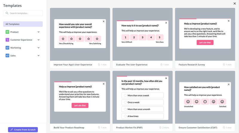 Userpilot survey templates - track user sentiment