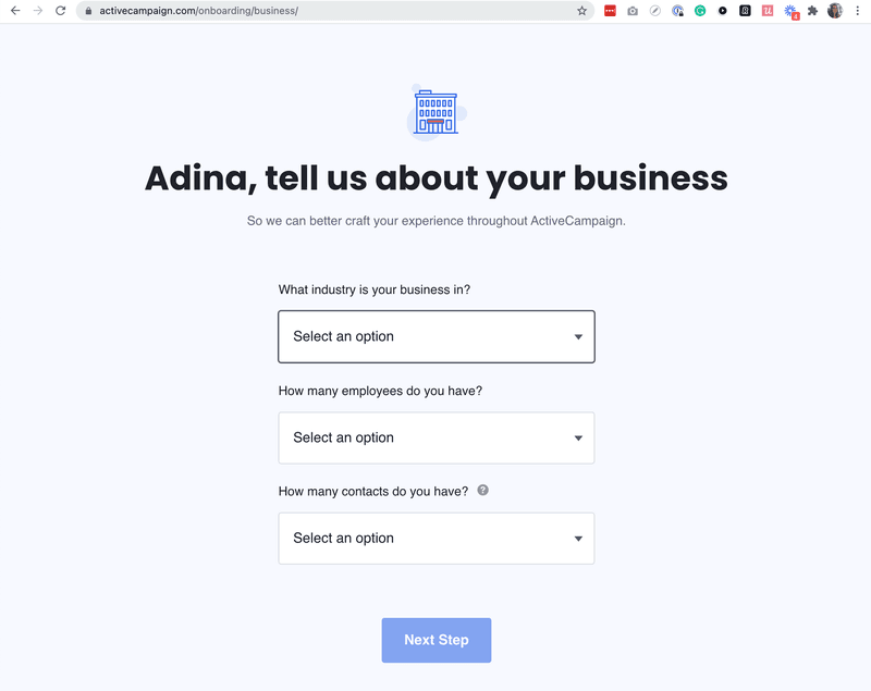 Screenshot of ActiveCampaign user signup flow.