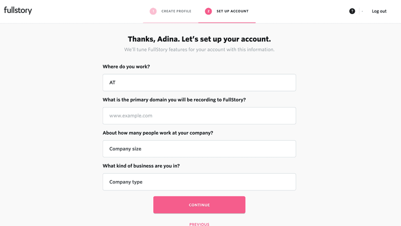 Screenshot of Fullstory signup page.