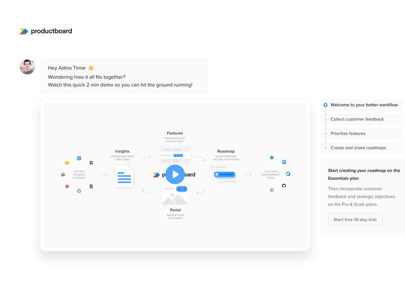 Screenshot of Productboard onboarding flow.