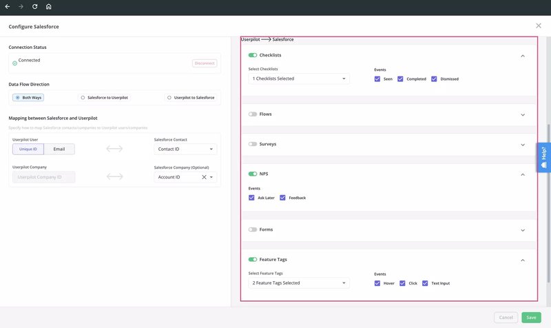 Userpilot's integration (with Salesforce) for user engagement tools