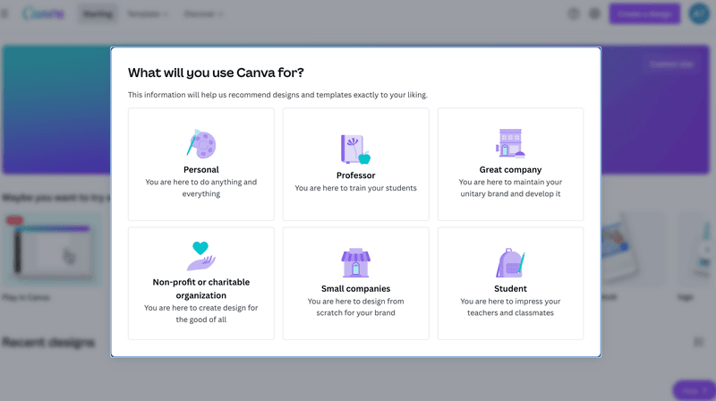 Screenshot of Canva onboarding flow.
