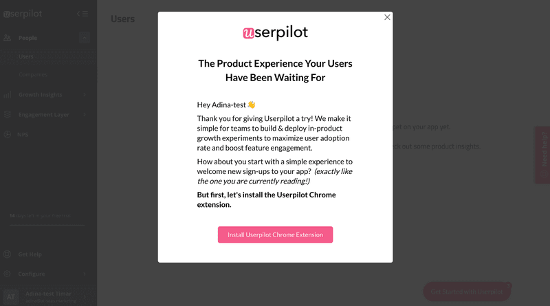 Screenshot of userpilot user onboarding flow (welcome screen).