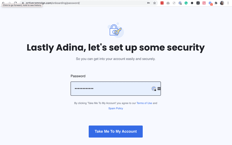 Screenshot of ActiveCampaign user signup flow.