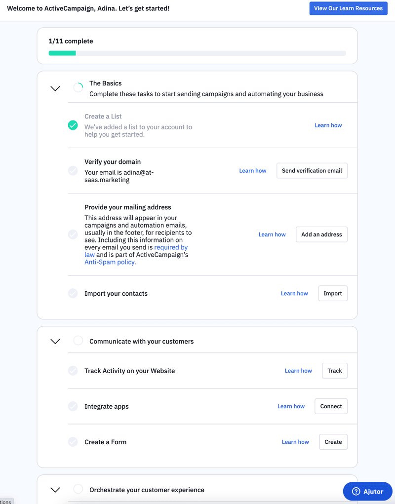 Screenshot of ActiveCampaign user signup flow.