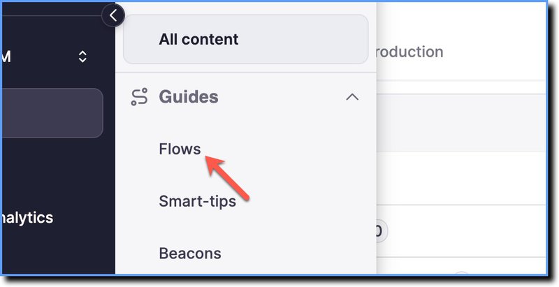 Whatfix dashboard with flow navigation and step targeting panel for user onboarding flows.