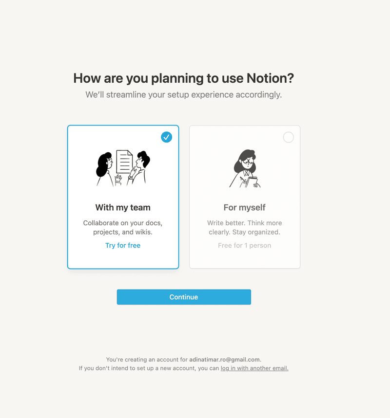Screenshot of Notion onboarding flow (signup page).