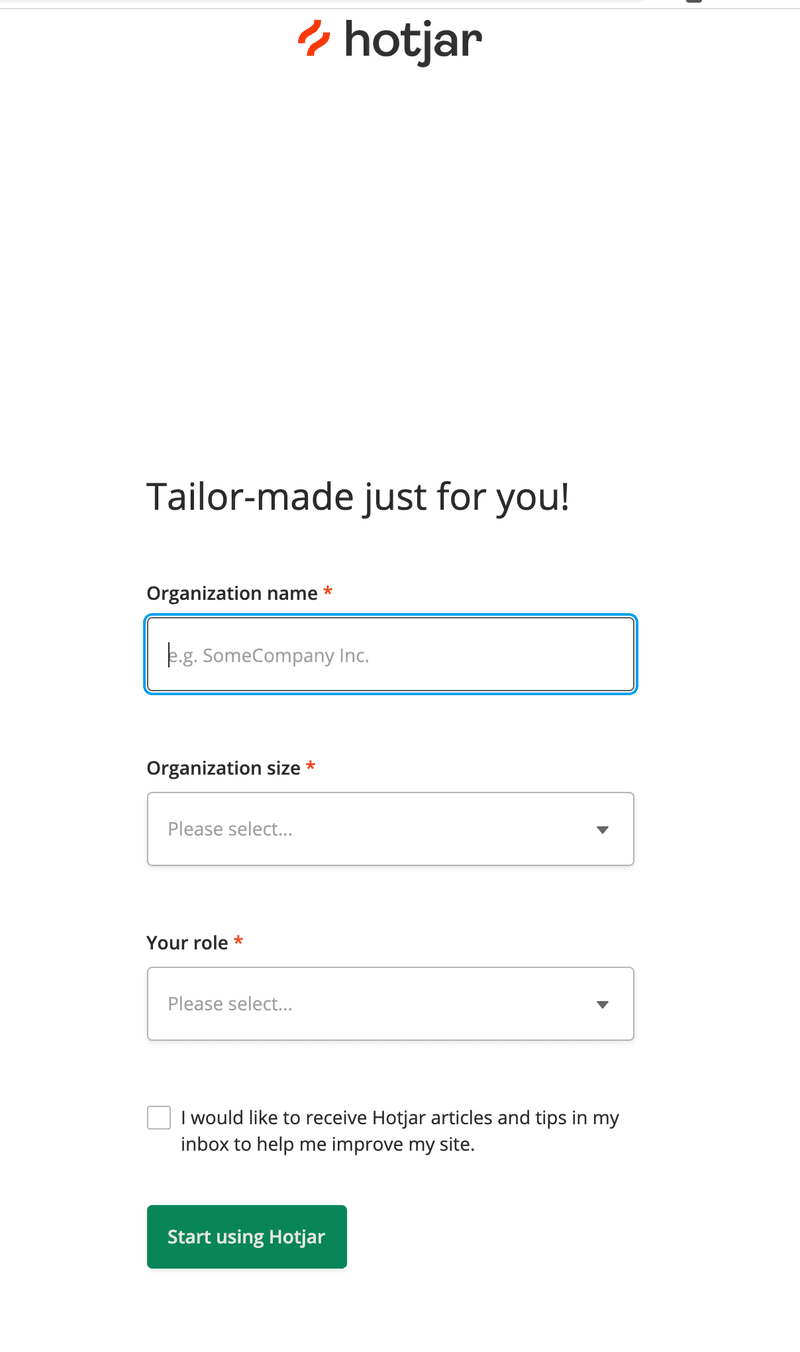 Screenshot of Hotjar onboarding flow.