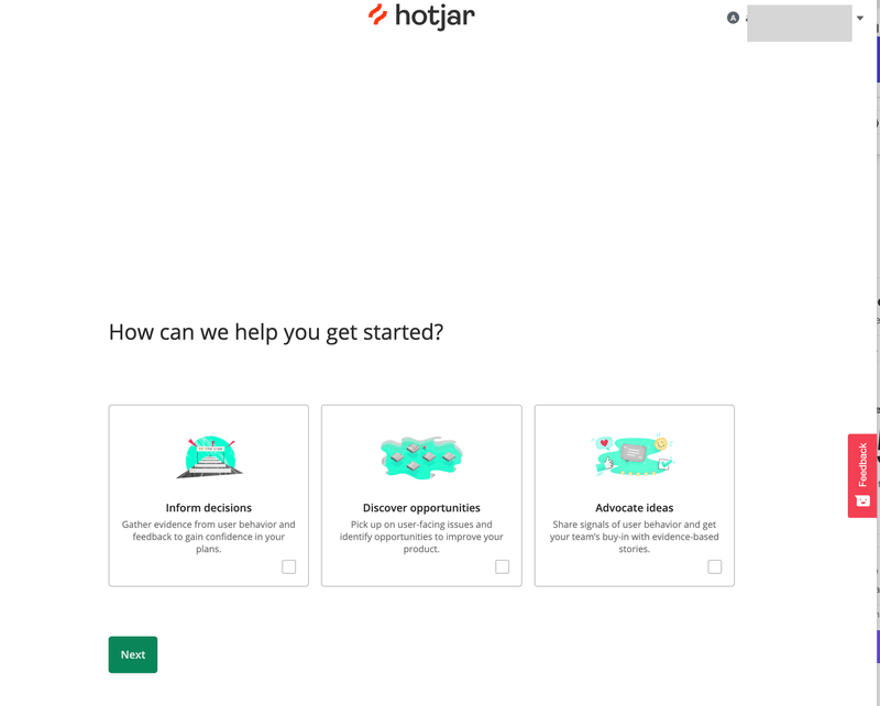 Screenshot of Hotjar onboarding flow.