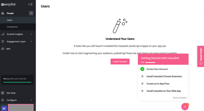 Screenshot of userpilot user onboarding flow, showing help widget.