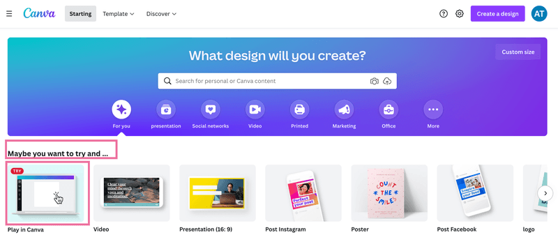 Screenshot of Canva onboarding flow (home page).