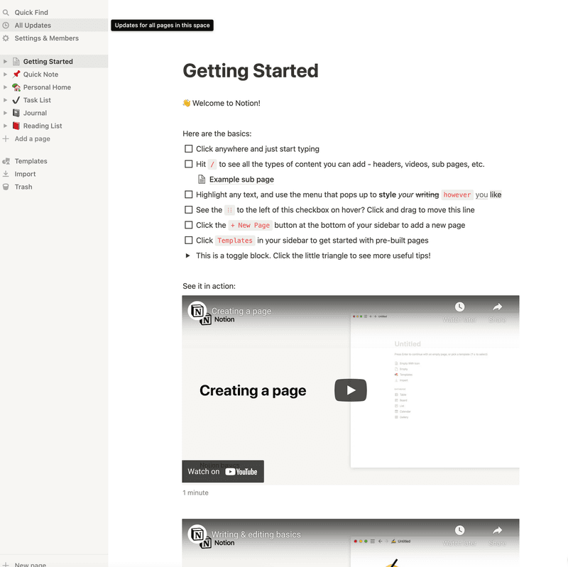 Screenshot of Notion onboarding flow (getting started screen).