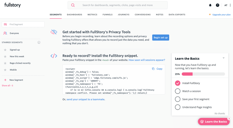 Screenshot of Fullstory signup page.
