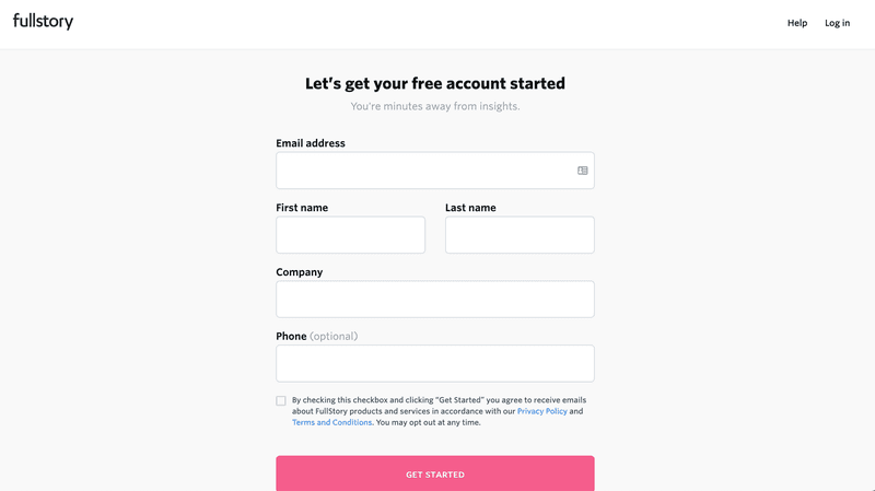 Screenshot of Fullstory signup page.
