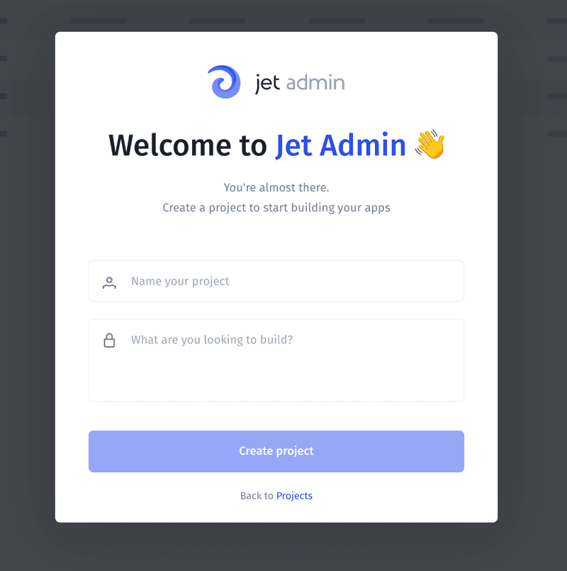 Jet Admin welcome screen