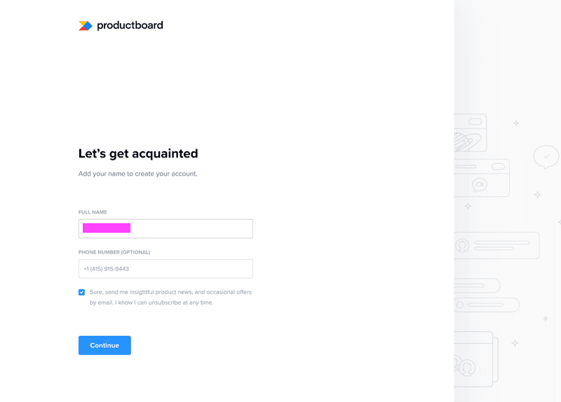 Screenshot of Productboard onboarding flow.