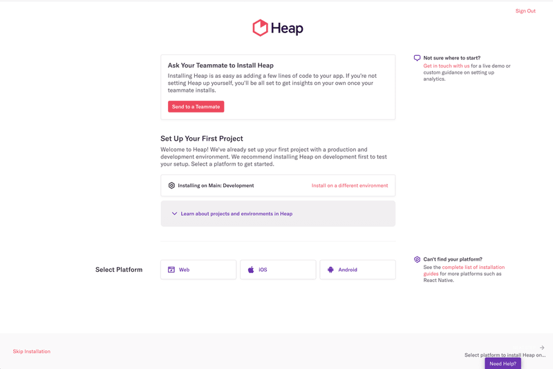 Screenshot of Heap onboarding flow.