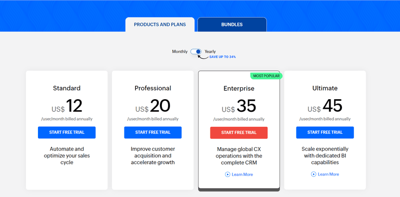 Zoho CRM pricing page
