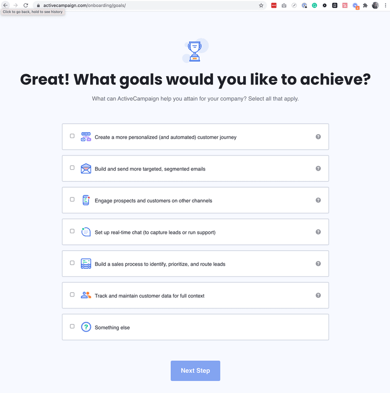 Screenshot of ActiveCampaign user signup flow.