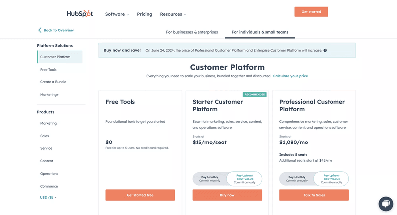 HubSpot's pricing page for individuals and small teams