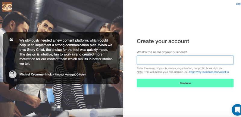 Screenshot of Story Chief onboarding signup flow page.