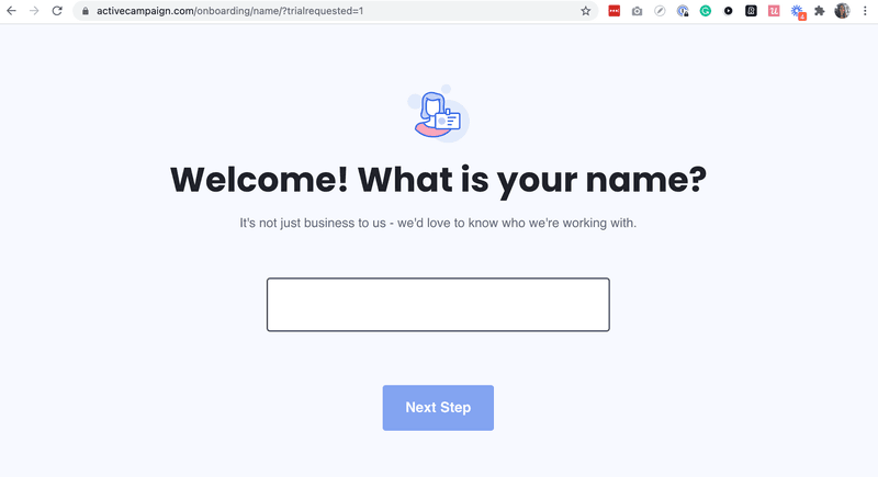 Screenshot of ActiveCampaign user signup flow.