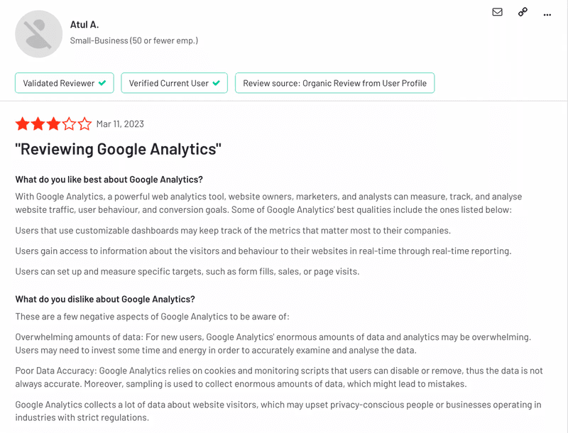 An unsatisfied review on Google Analytics.