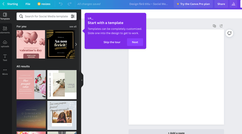Screenshot of Canva onboarding flow (new design page).