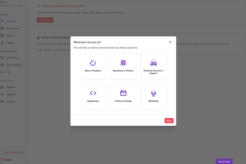 Screenshot of Heap onboarding flow.