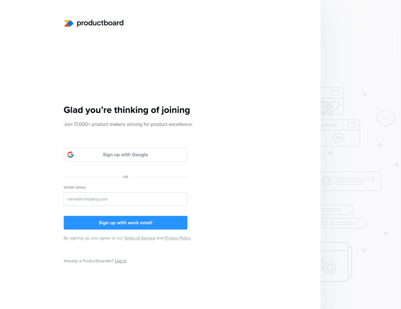 Screenshot of Productboard onboarding flow.