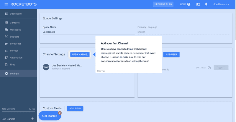 Rocketbot's interactive walkthrough using Userpilot