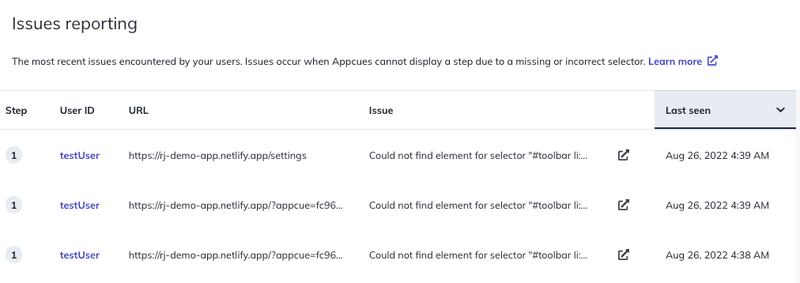 issues reporting appcues