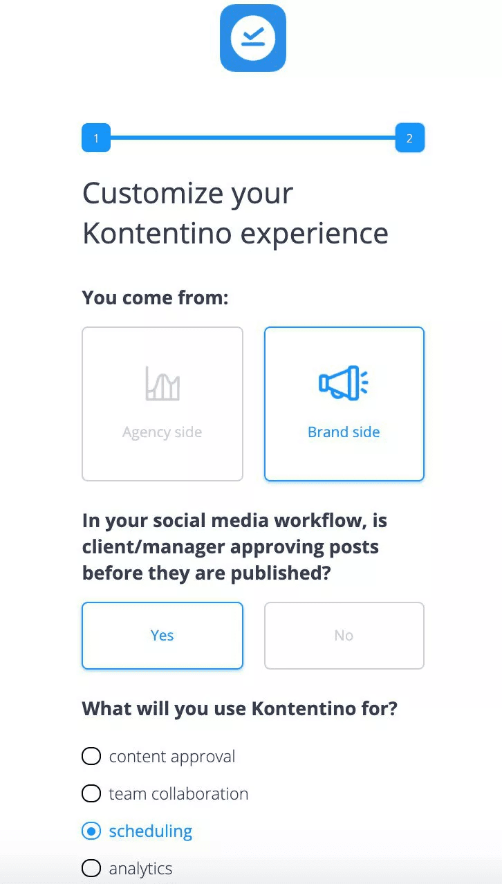 Branched onboarding experiences in Kontentino