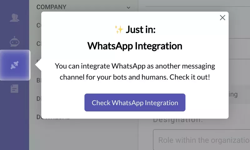 Kommunicate tooltip announcing a new feature