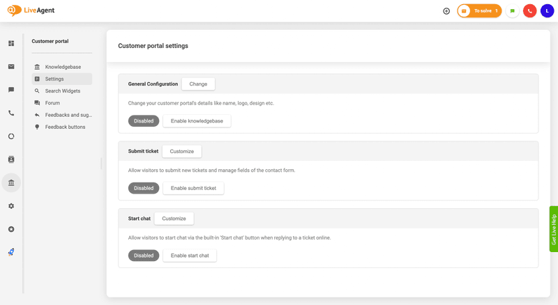 liveagent resource center settings