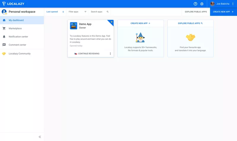 Localazy software localization tool dashboard
