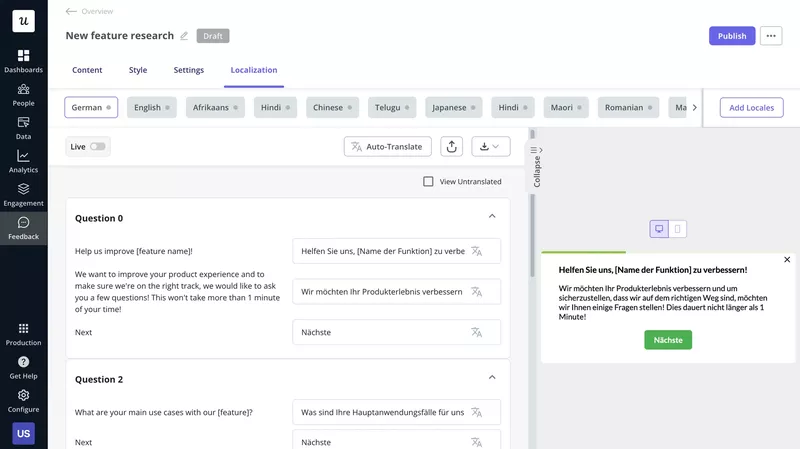 Userpilot allows you to easily translate in-app surveys