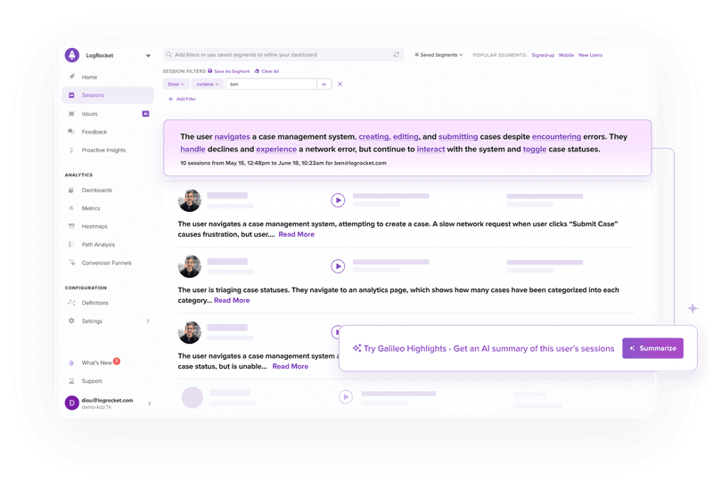 logrocket session replay ai summary