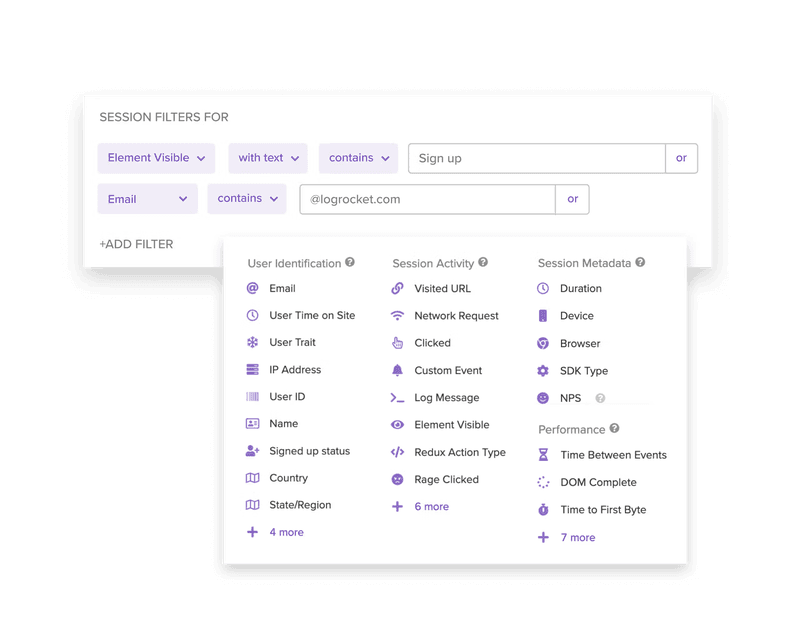 logrocket session replay search filters